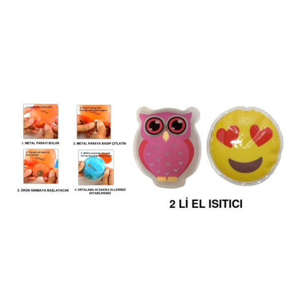 KALP EMOJİ PEMBE BAYKUŞ CEP SOBASI,EL ISITICI,2 ADET SICAK SU TORBASI PVC  9cm ürün görseli 1