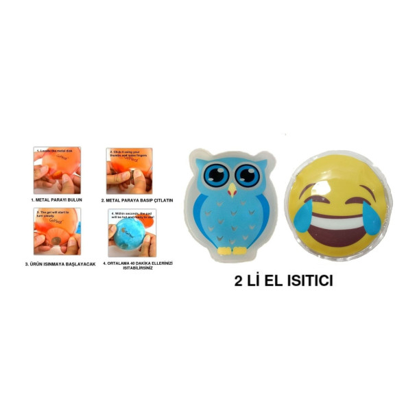 GÜLEN EMOJİ MAVİ BAYKUŞ CEP SOBASI,EL ISITICI,2 ADET SICAK SU TORBASI PVC  9cm ürün görseli 1