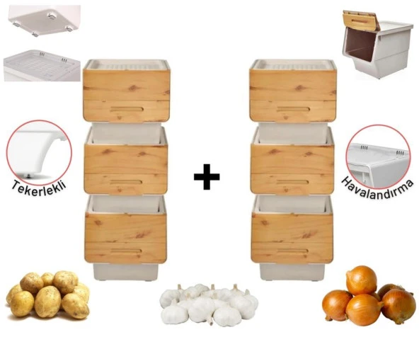 Motek Patateslik Soğanlık Sepeti Oyuncak Kutusu Tekerlekli Organızer Çok Amaçlı Kutu 6X12Lt-Bambu+Krem ürün görseli 1