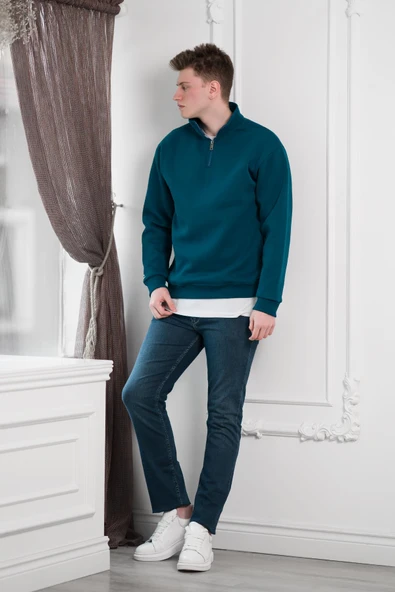 Yarım Fermuarlı Dik Yaka 3 İplik İçi Polarlı Oversize Kışlık Sweatshirt ürün görseli 1