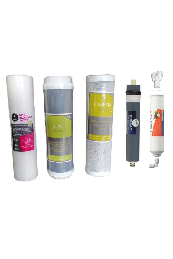 Su Arıtma Filtresi 5 Li Set 10" inch 3 Ön Kömür Granül Aktif Karbon Filtre   Post Karbon Tatlandırıcı Coconut Filtre Aqualine Platinum 1812 Membran Filtre 80 GPD Esli ürün görseli 1