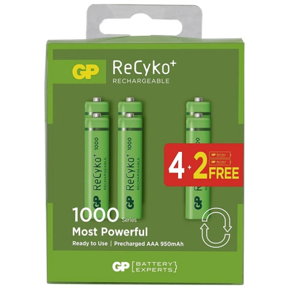 GP Batteries Recyko 950Mah AAA İnce Kalem 6 Adet Ni-Mh Şarjlı Pil 1.2 Volt ürün görseli 1