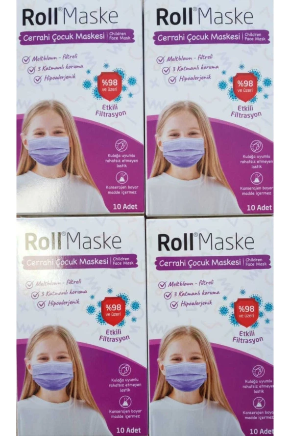 Roll 3 Katlı Kız Çocuk Mor Cerrahi Maske Telli 10lu 4 Kutu ürün görseli 1