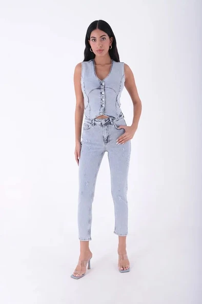 Yüksek Belli ve Yırtıklı Cepli Bilek Boy Kadın Kot Pantolon Normal Koyu Mavi Denim Dört Mevsim ürün görseli 1