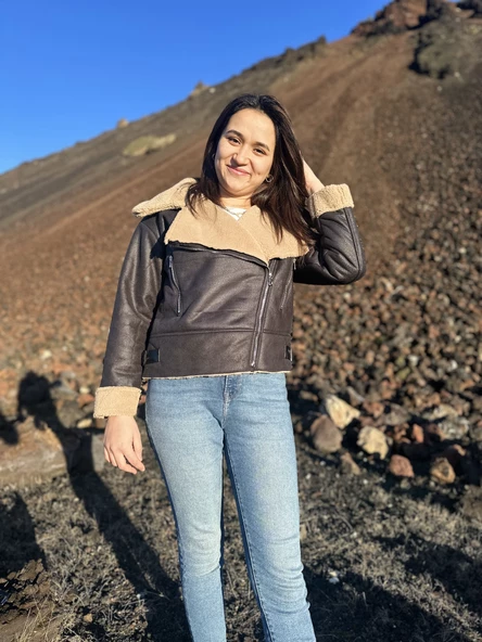İçi Suni Kürklü Suni Süet Crop Biker Ceket ürün görseli 1