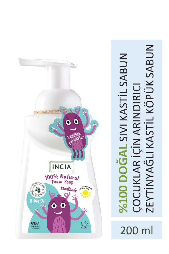 INCIA %100 Doğal Köpük Kastil Sabunu Çocuklar İçin Zeytinyağlı 10 Bitkisel Değerli Yağ Vegan 200 ml ürün görseli 1