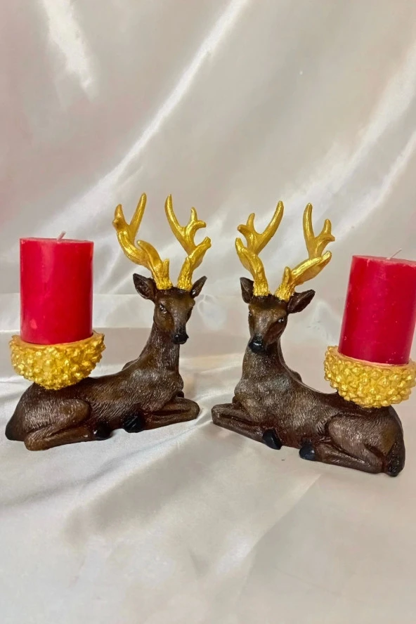 Mumluk Şamdan Yılbaşı Noel Yeni Yıl Geyik El İşi Hand Made 2 li ürün görseli 1