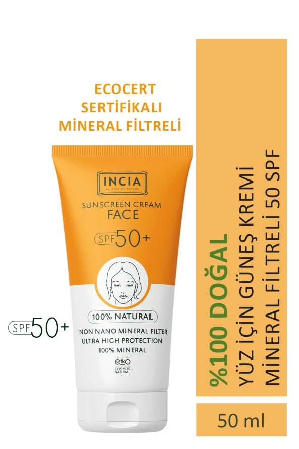 INCIA %100 Doğal Yüz Güneş Kremi Leke Karşıtı Mineral Filtreli Yüksek Koruma SPF50 UVA UVB 50 ml ürün görseli 1
