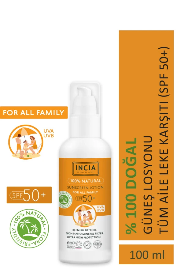 INCIA %100 Doğal ve Organik Tamanu Yağlı Güneş Losyonu Mineral Filtreli Tüm Aile Için 50 SPF 100 ml ürün görseli 1