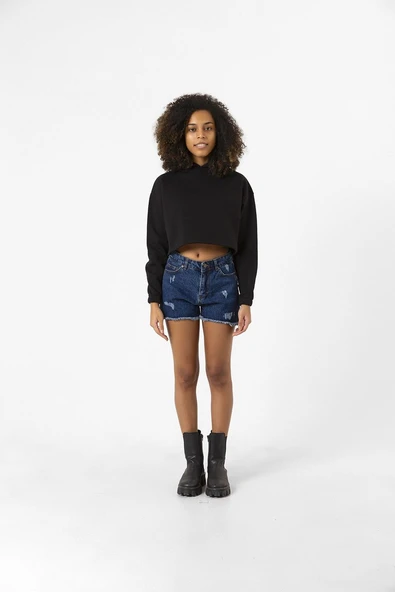 Basic Siyah Kapüşonlu Crop Sweatshirt - Resim 7
