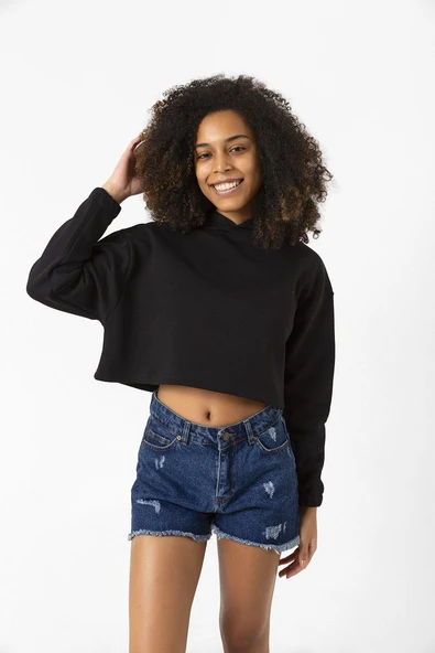 Basic Siyah Kapüşonlu Crop Sweatshirt ürün görseli 1