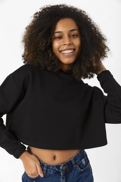 Basic Siyah Kapüşonlu Crop Sweatshirt - Resim 4