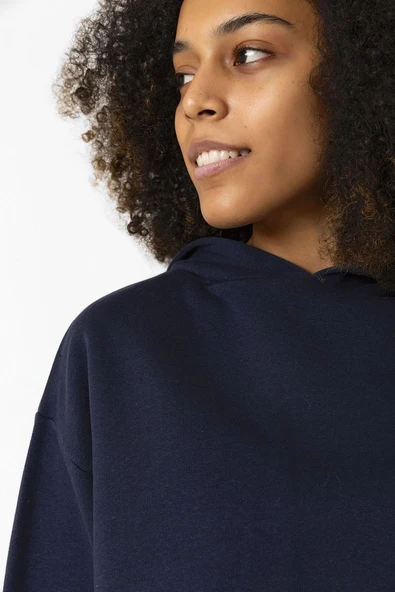 Basic Lacivert Kapüşonlu Crop Sweatshirt - Resim 3