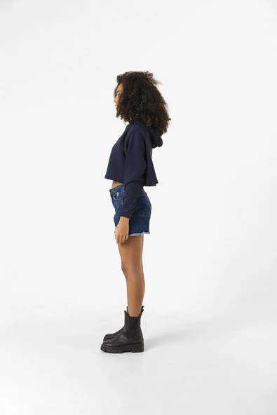 Basic Lacivert Kapüşonlu Crop Sweatshirt - Resim 5