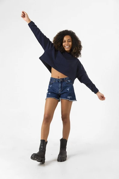 Basic Lacivert Kapüşonlu Crop Sweatshirt - Resim 9