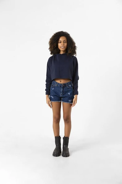 Basic Lacivert Kapüşonlu Crop Sweatshirt - Resim 4
