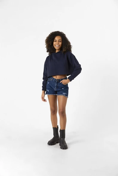 Basic Lacivert Kapüşonlu Crop Sweatshirt - Resim 8