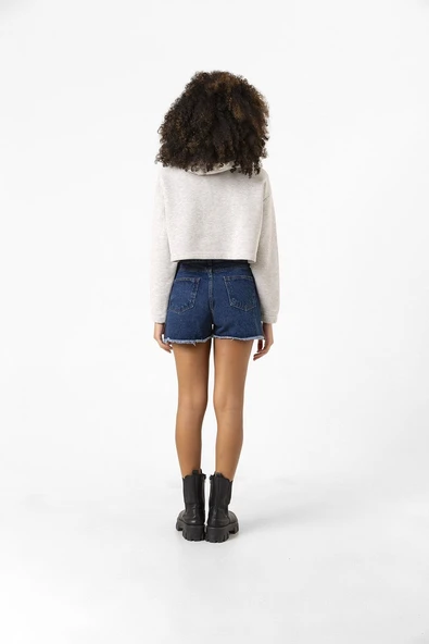 Basic Gri Kapüşonlu Crop Sweatshirt - Resim 6