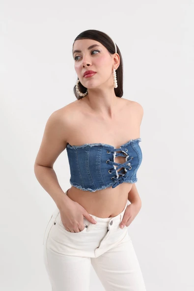 Blue White Kadın Jean Yelek - Resim 7