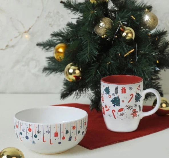 KERAMİKA KUPA+KASE 2 PRC BEYAZ 004-506 NEW YEAR THEME ürün görseli 1