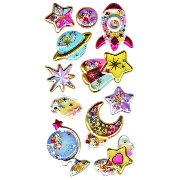 Sticker Kabartmalı Stiker Defter, Planlayıcı Etiket (pullu-803) - 17X9 cm - Gezegen Roket Yıldız ürün görseli 1