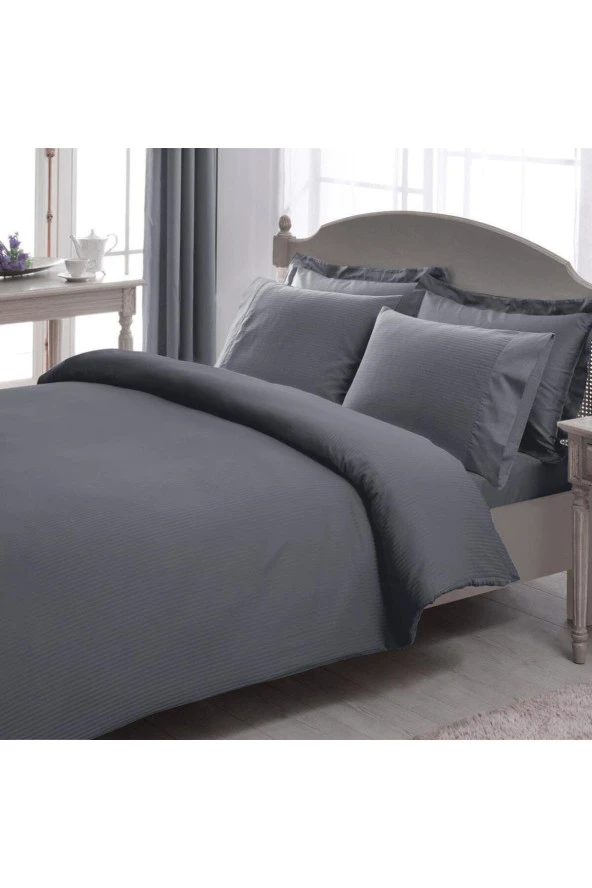 Taç Çift Kişilik Premium Basic Stripe Saten Nevresim Takımı Antrasit Lastiksiz 200 Cm X 220 Cm ürün görseli 1
