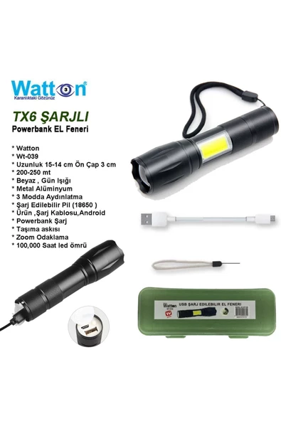 Watton Wt-039 Cob Ve Power Led Li Şarjlı El Feneri ürün görseli 1