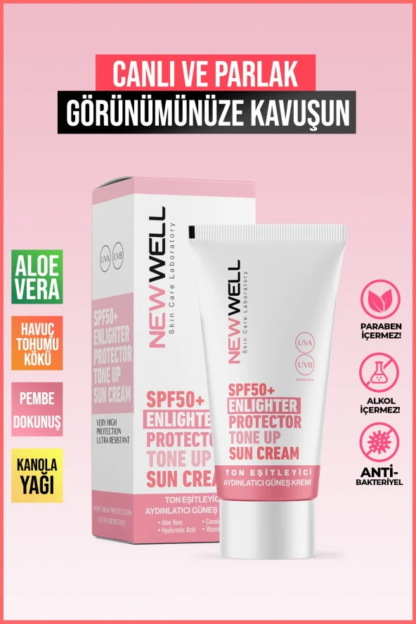 New Well Ton Eşitleyici yüksek Koruma Etkili Spf50+ Aydınlatıcı Pembe Yüz Güneş Kremi 50 Ml ürün görseli 1