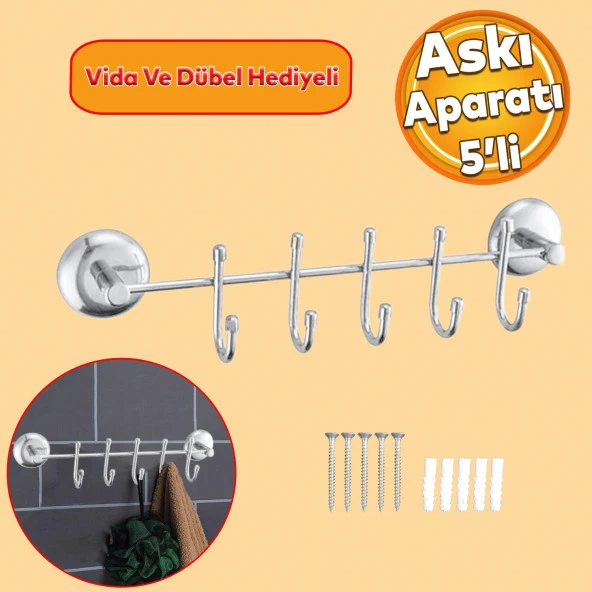 Vidalı Askılık 5li Metal Banyo Lavabo Sağlam Aparat Krom Askılık Elbise Havlu Asma Askı ürün görseli 1