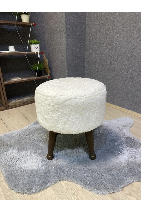 Asedia Miskin Ceviz Teddy Krem Ahşap Ayaklı Peluş Puf Makyaj Koltuğu Yuvarlak Tabure ürün görseli 1