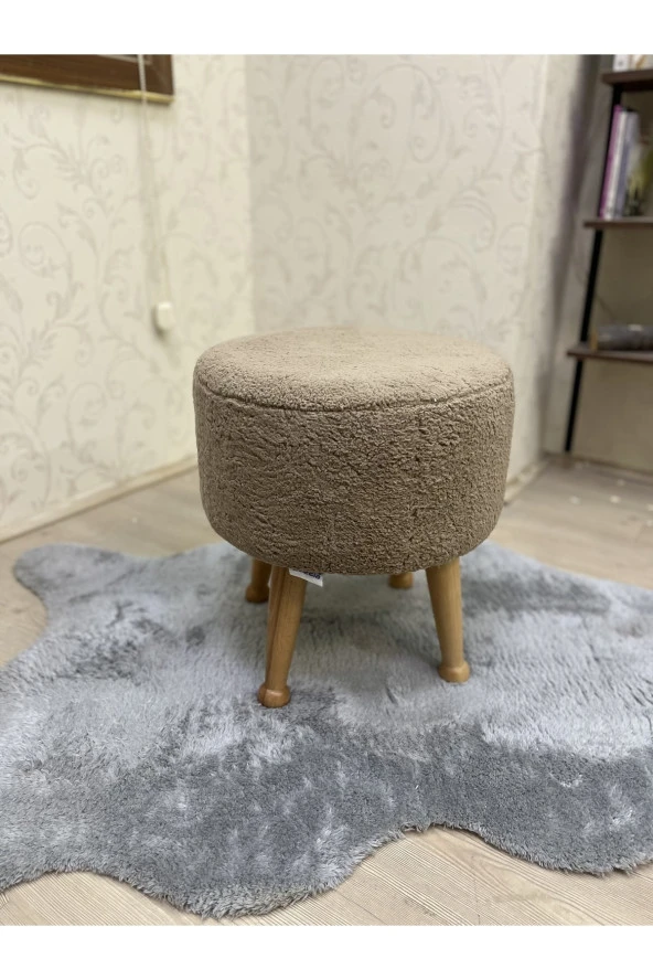Asedia Miskin Naturel Teddy Kahve Ahşap Ayaklı Peluş Puf Makyaj Koltuğu Yuvarlak Tabure ürün görseli 1