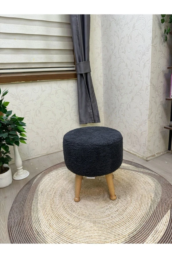 Asedia Miskin Naturel Teddy Antrasit Ahşap Ayaklı Peluş Puf Makyaj Koltuğu Yuvarlak Tabure ürün görseli 1