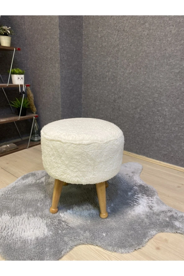 Asedia Miskin Naturel Teddy Krem Ahşap Ayaklı Peluş Puf Makyaj Koltuğu Yuvarlak Tabure ürün görseli 1
