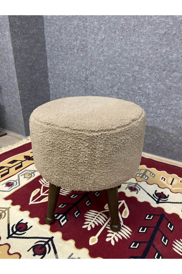 Asedia Miskin Ceviz Teddy Kahve Ahşap Ayaklı Peluş Puf Makyaj Koltuğu Yuvarlak Tabure ürün görseli 1