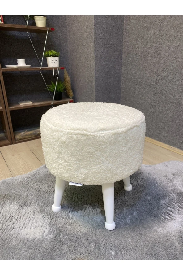 Asedia Miskin Lake Teddy Krem Ahşap Ayaklı Peluş Puf Makyaj Koltuğu Yuvarlak Tabure ürün görseli 1