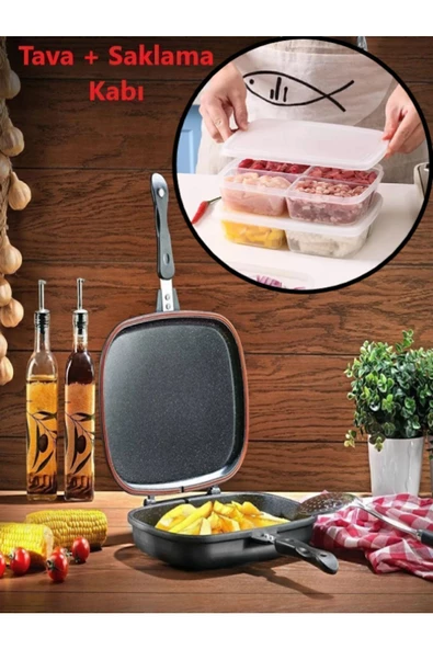 Bayev Hediyeli Kare Double Grıll Pan 34 Cm 2 Adet Large Saklama Kabı Seti ürün görseli 1