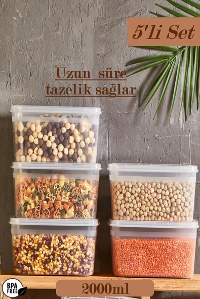 5 Adet Huge 2 Lt Erzak Ve Bakliyat Saklama Kabı Kapaklı Derin Dondurucuya Uygun Saklama Kabı ürün görseli 1