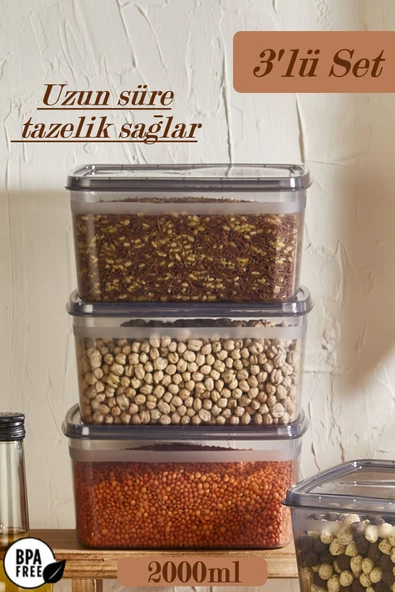 3 Adet Huge Füme 2 LT Erzak Saklama Kabı-Kapaklı Bakliyat Kutusu-Derin Dondurucuya Uygun ürün görseli 1
