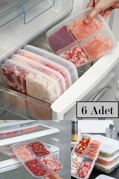 6 Adet Dondurulmuş Mini 4 Bölmeli Öğünlük Sebze Saklama Kabı Et Tavuk Suyu Kıyma Buzluk Organizer ürün görseli 1