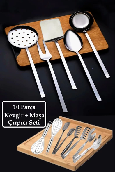 10 Parça Çelik Düz Kevgir + Maşa Çırpıcı Seti ürün görseli 1