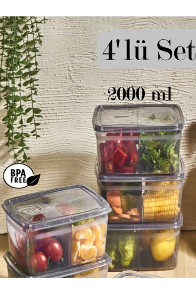 4 Adet Füme Duo 2 Bölmeli Buzdolabı Saklama Kabı - Et Kıyma Sebze Bakliyat Buzluk Saklama Kutusu ürün görseli 1