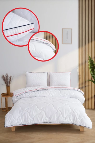 Çift Kişilik 3 Parça Mikrofiber Klimalı Yastık Yorgan Seti 2 Yastık 1 Yorgan Beyaz Lüx Biyeli ürün görseli 1