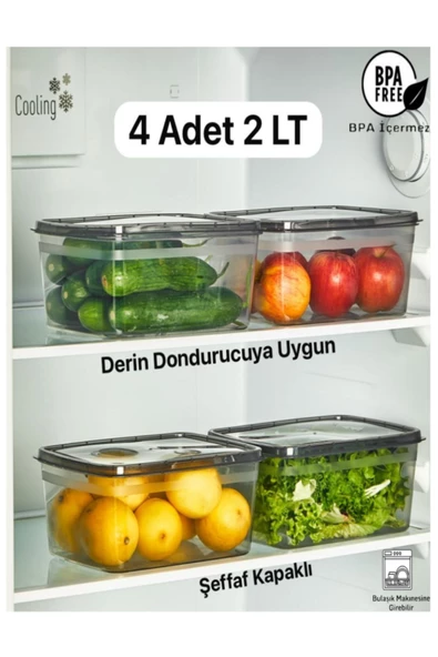 4 Adet Huge Füme 2 LT Buzdolabı Saklama Kabı - Derin Dondurucuya Uygun Sebze Kutusu ürün görseli 1