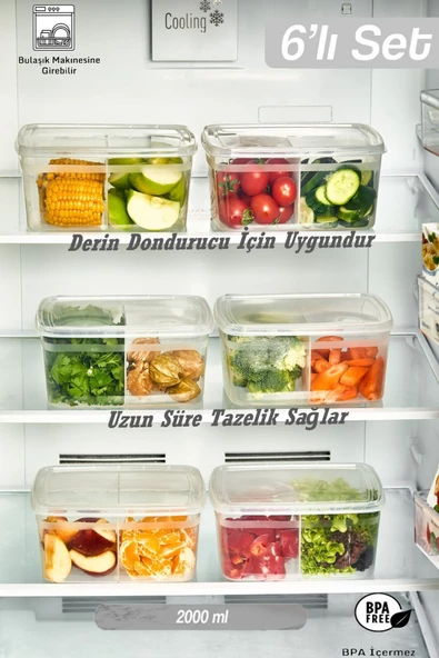 6 Adet DUO Bölmeli Şeffaf 2 LT Buzdolabı Saklama Kabı - Derin Dondurucuya Uygun ürün görseli 1