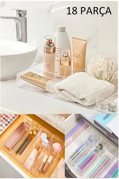 18 Parça Banyo Mutfak Çekmece Içi Düzenleyici Lv 216 (X3) Set Takı Makyaj Kutusu Kalemlik Kaşıklık ürün görseli 1