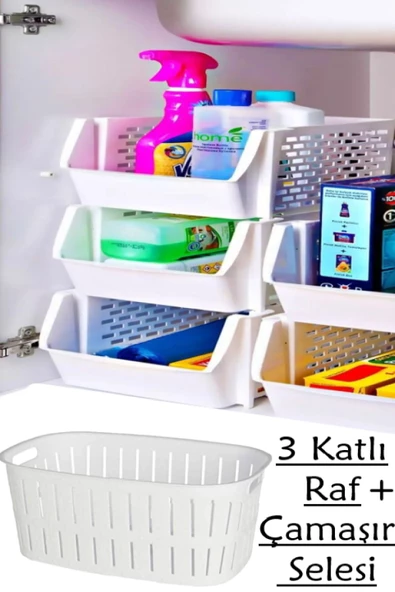 4 Parça Banyo Seti 3 Katlı Ayrılabilir Raf Çamaşır Selesi Banyo Rafı ürün görseli 1