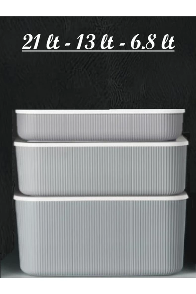 3'lü Gri Storage Kapaklı Kutu Seti (21 LT - 13 LT - 6,8 LT) Dolap Düzenleyici Organizer Saklama Kabı ürün görseli 1