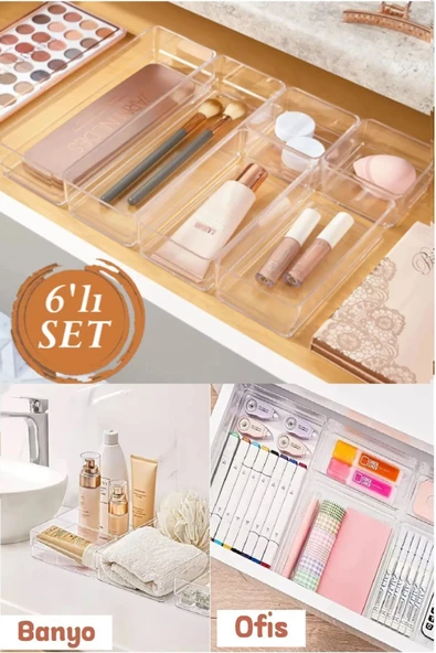 6 Parça Lv216 Çekmece Içi Düzenleyici Banyo Makyaj Organizer Takı Kutusu Modüler Peçetelik Kalemlik ürün görseli 1
