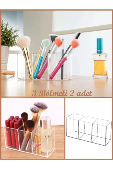 2 Adet Kristal 3 Bölmeli Organizer Takımı AK765- Makyaj Fırçası Ruj Düzenleyici ürün görseli 1