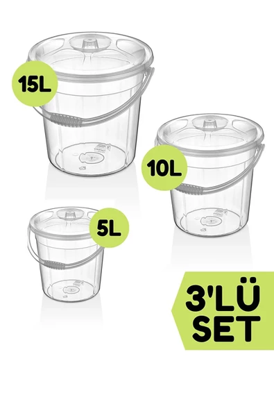3lü 15-10-5lt Kapaklı Su Kovası Şeffaf - Temizlik Bahçe Kovası Un Bakliyat Saklama Kutusu ürün görseli 1